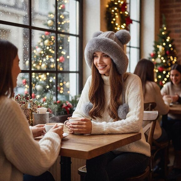 Women Grey Winter Sherpa Beanie Hats Knit Ear Flaps Peruvian Cover Ears main image 8